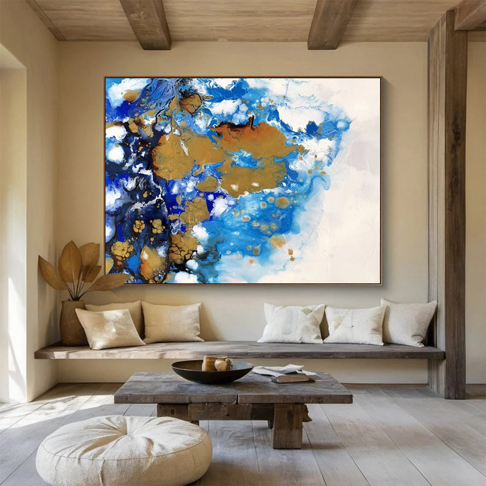 Huge Size Blue Gold and White Abstract Fluid Art Painting WB058
