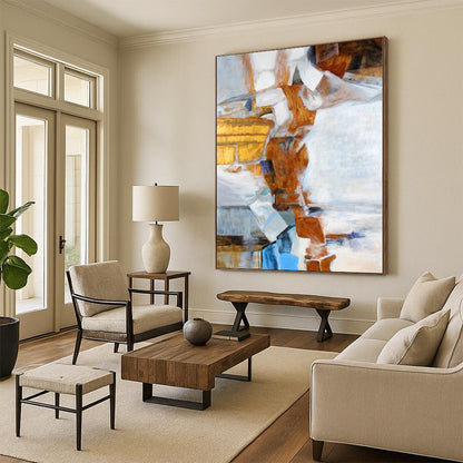 Hand-Painted Brown, White, and Blue Geometric Abstract Painting For Sale HS003