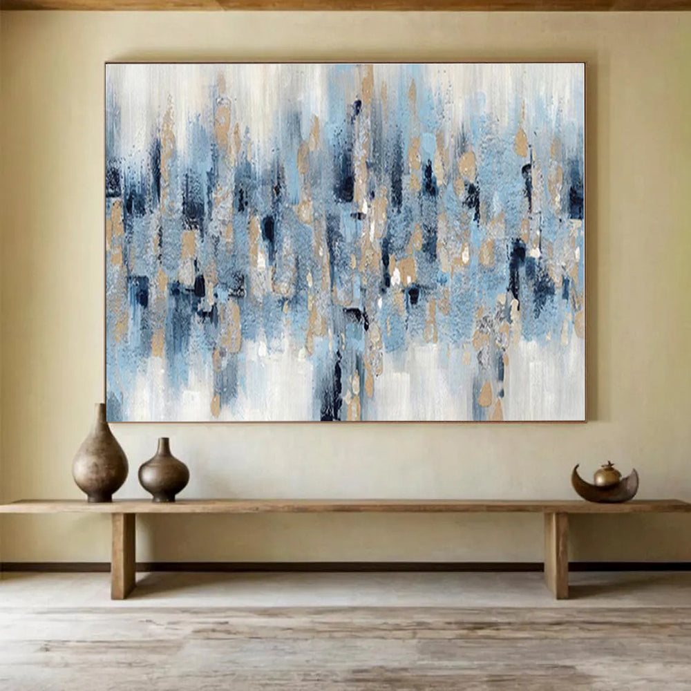 Oversized Canvas Art Blue, Beige and Gold Abstract Cityscape Painting WB122
