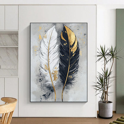 Black, White, and Gold Abstract Feather Painting For Sale WS499
