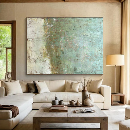 Hand-Painted Turquoise and Beige Abstract Textured Painting For Sale HS071