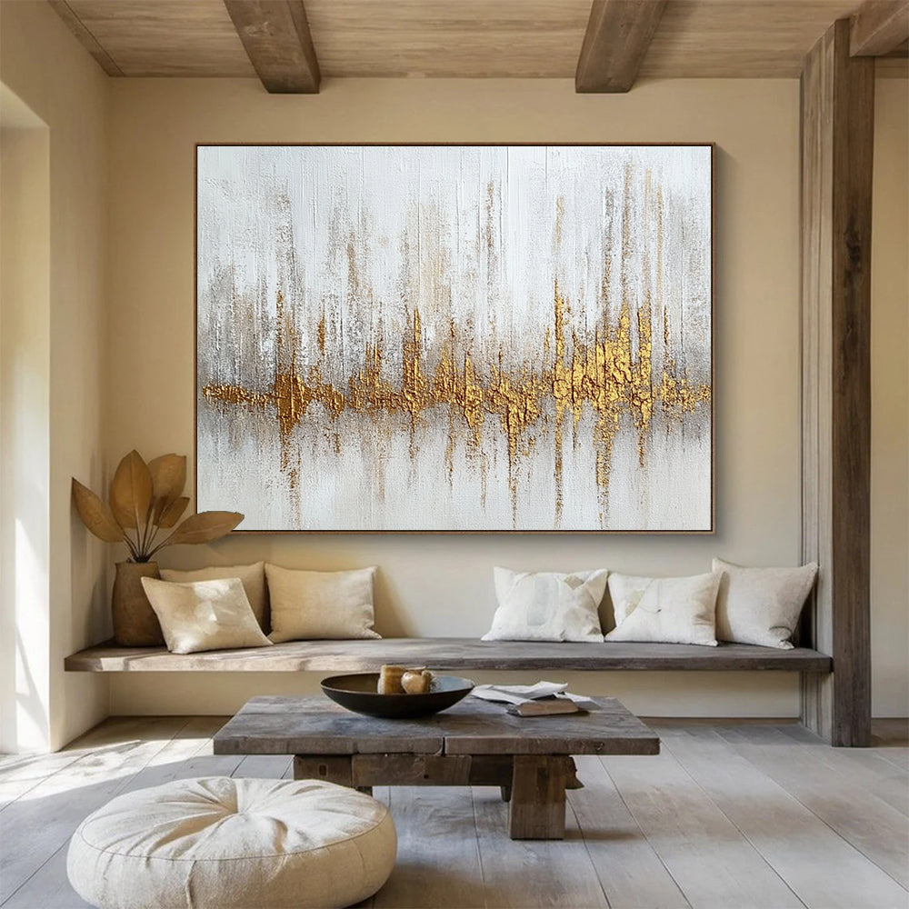 Oversized Canvas Art White, Gold, and Gray Abstract Soundwave - Acrylic Painting WB293