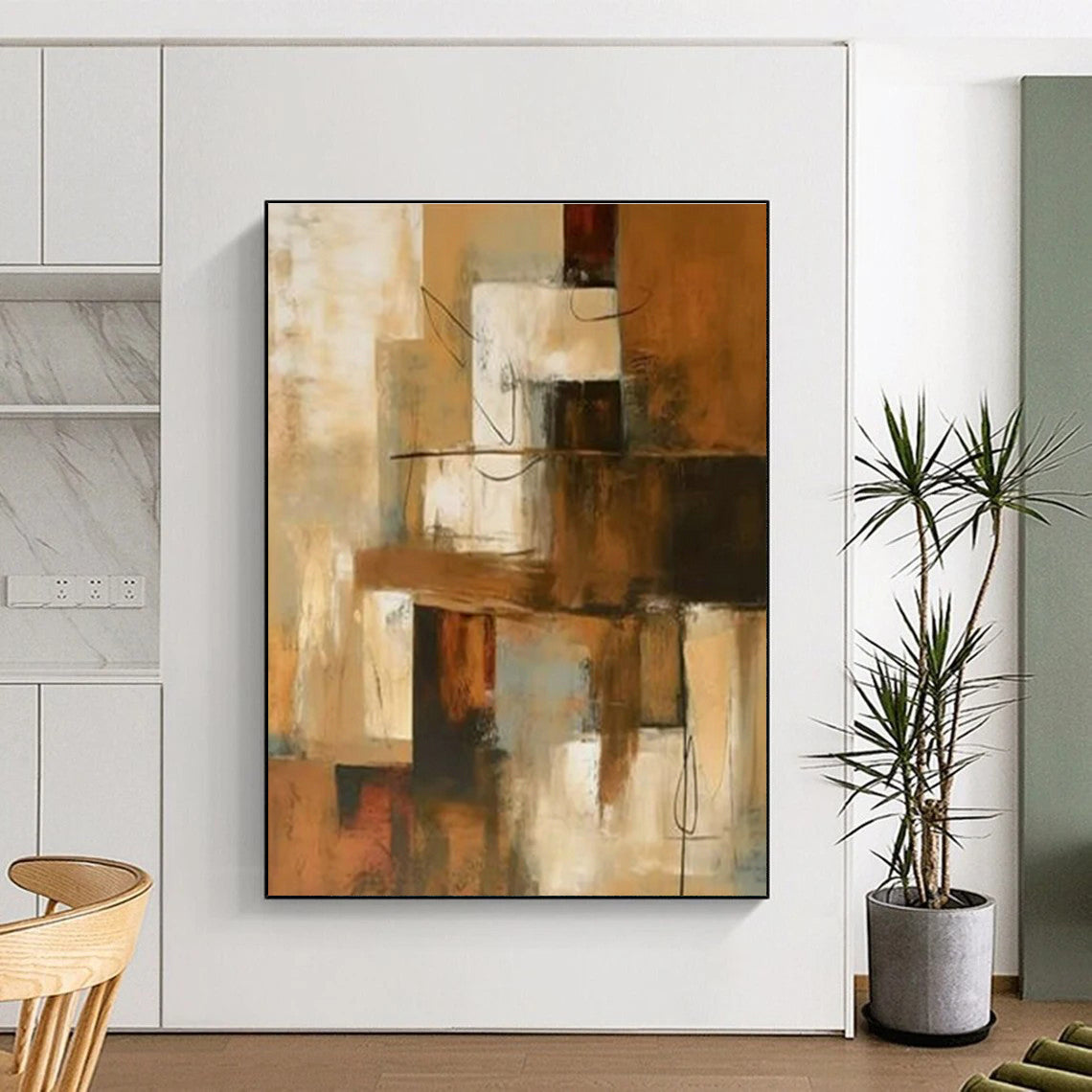 Hand-Painted Modern Art Acrylic with Brown, Beige, Gray Textures - Large Painting In Living Room HS517