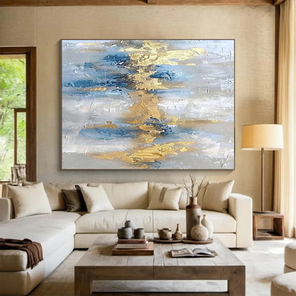Large Painting In Living Room Blue, Gold, and Gray Textured Abstract Art HS655
