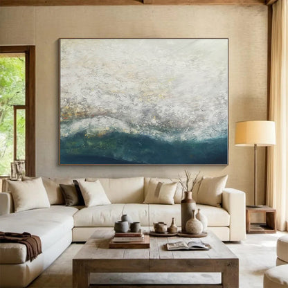 Large Size White and Teal Abstract Ocean Wave Painting WB081