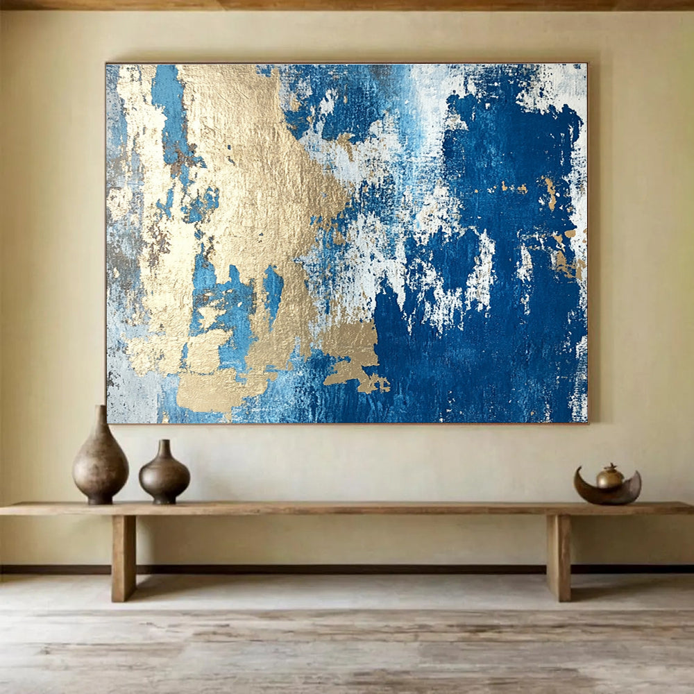 Big Size Blue, White, and Gold Textured Abstract Art WB262