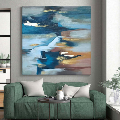 Large Contemporary Wall Art Blue, Brown, and Gold Abstract Composition HS652