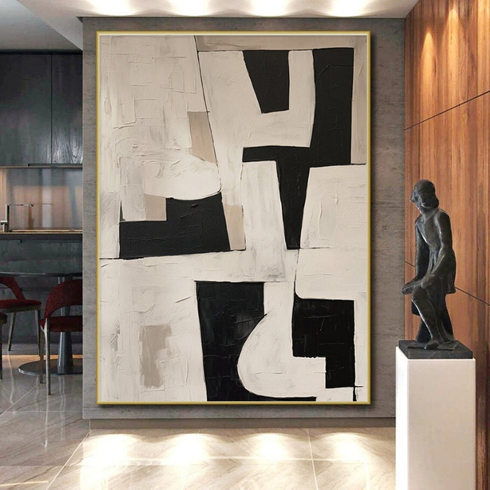 Acrylic Modern Art Paintings Black, White, and Beige Geometric Abstract Art HS759