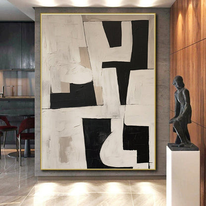 Acrylic Modern Art Paintings Black, White, and Beige Geometric Abstract Art HS759