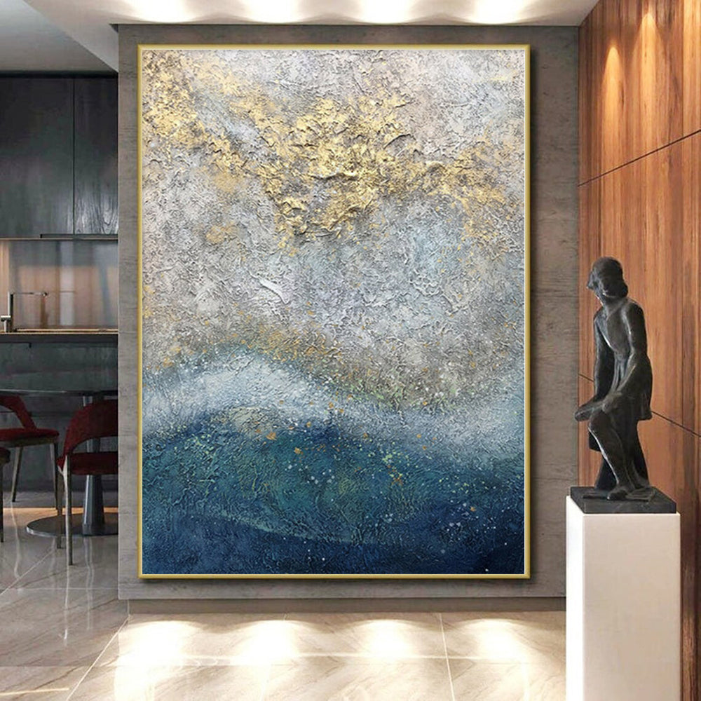 Hand-Painted Gray, Blue, and Gold Textured Abstract Painting For Sale HS005