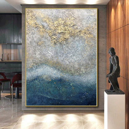 Hand-Painted Gray, Blue, and Gold Textured Abstract Painting For Sale HS005