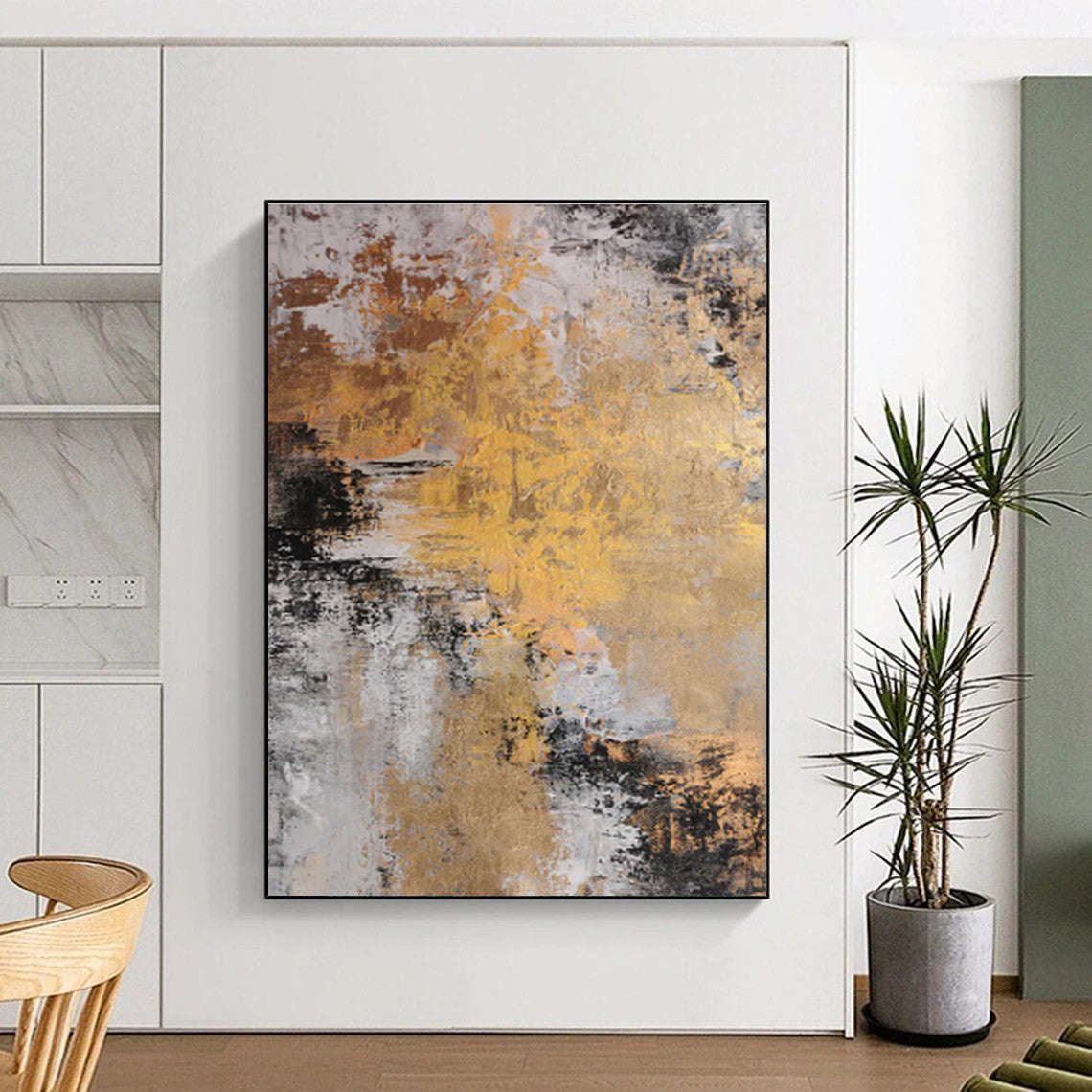 Gaint Canvas Art Gold, Gray & Black Textured Abstract, Oversized Abstract Wall Art HS278