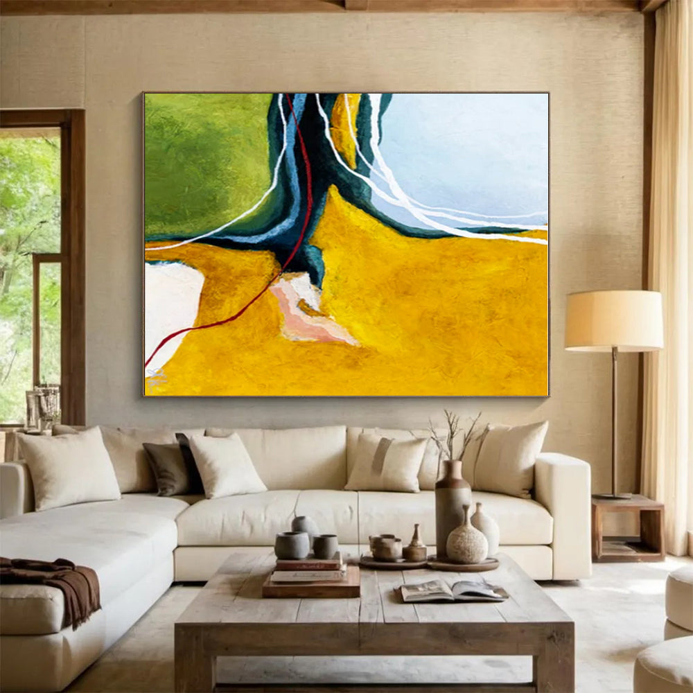 Unique Abstract Art Yellow, Green, and White Dynamic Abstract Painting On Canvas HS823