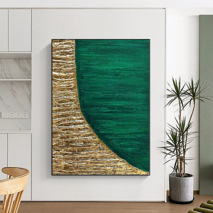 Hand-Painted Green and Gold Abstract Textured Shape Painting For Sale HS048