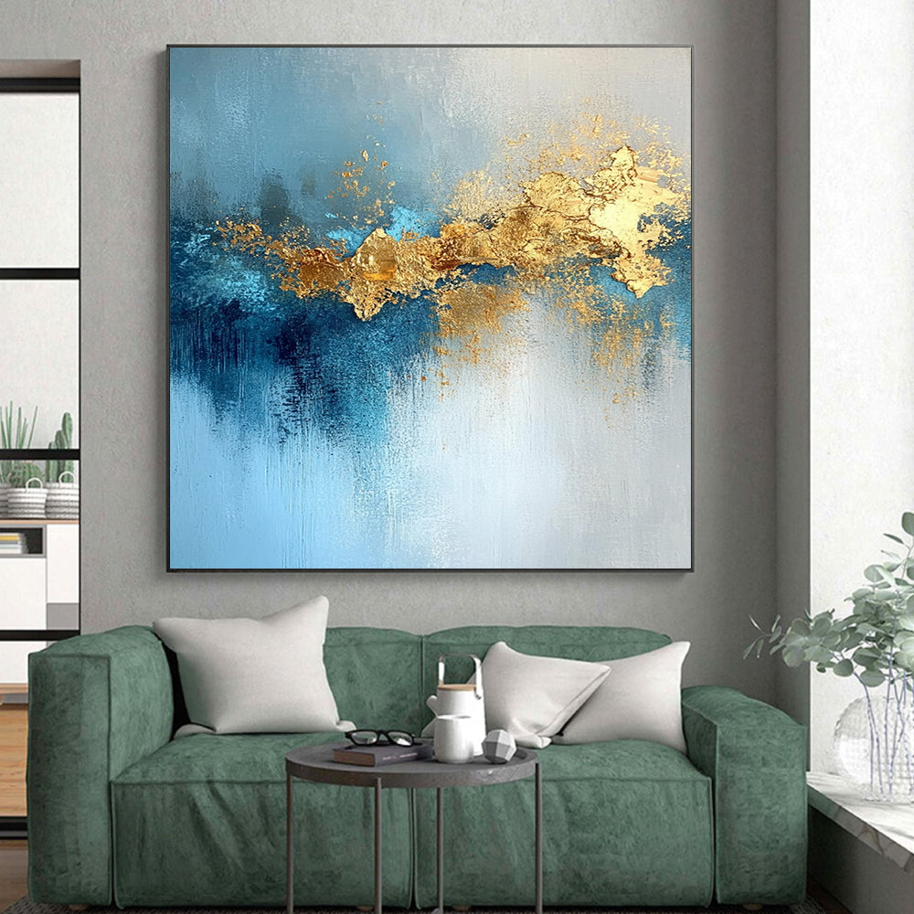 Acrylic Modern Art Paintings Blue and Gold Abstract Textured Painting For Sale HS116