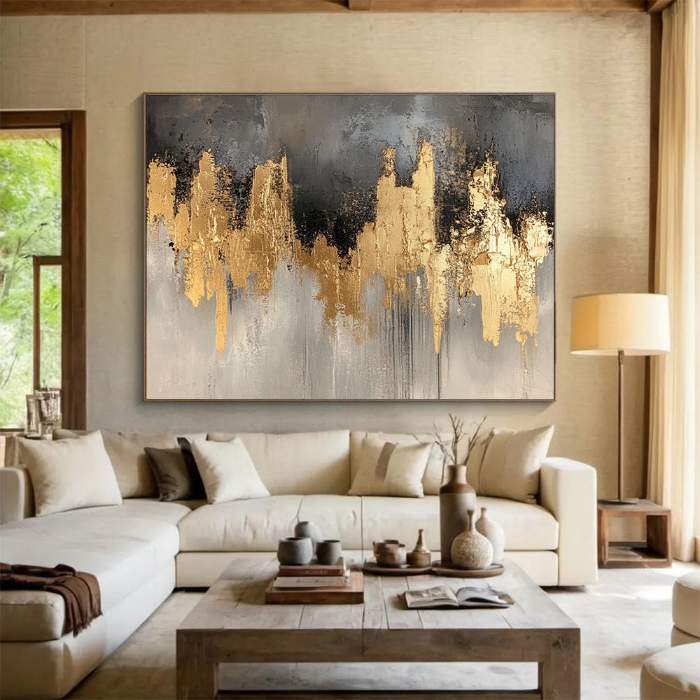 Big Size Gray, Gold, and Black Abstract Cityscape - Acrylic Painting WB296