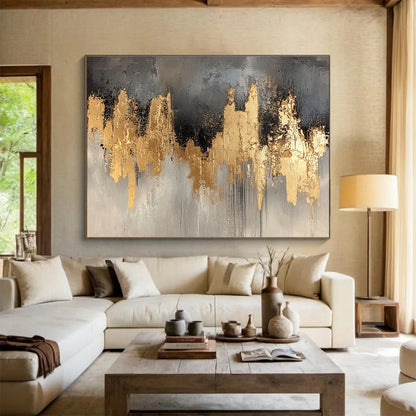 Big Size Gray, Gold, and Black Abstract Cityscape - Acrylic Painting WB296