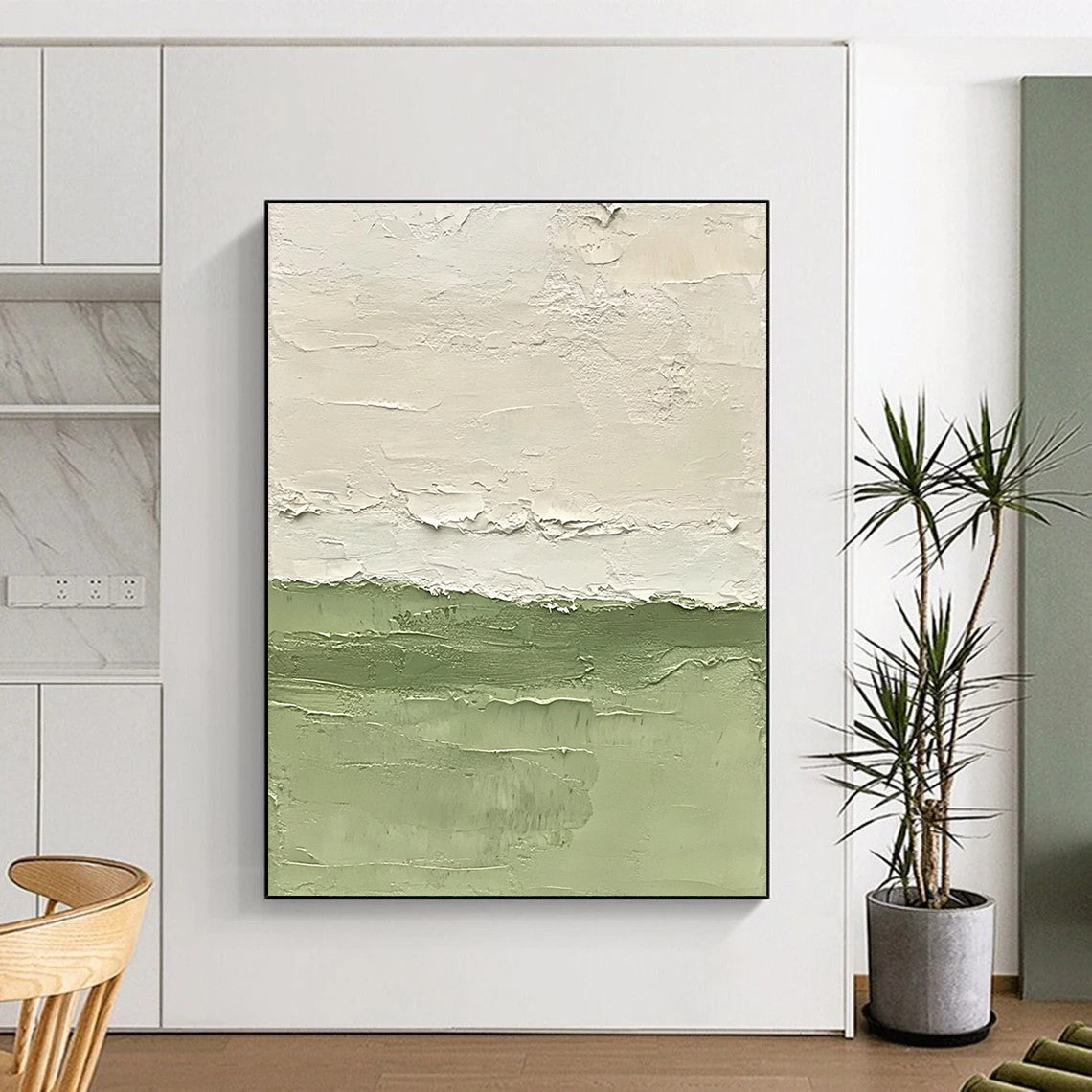 Hand Painting Green and White Textured Minimalist Abstract Art HS190