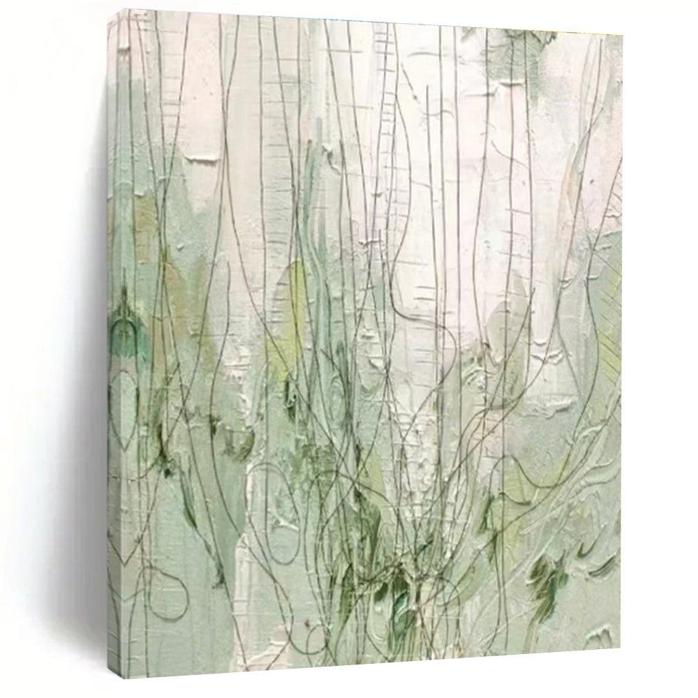Unique Abstract Art Green & White Line Abstract, Large Contemporary Wall Art HS346