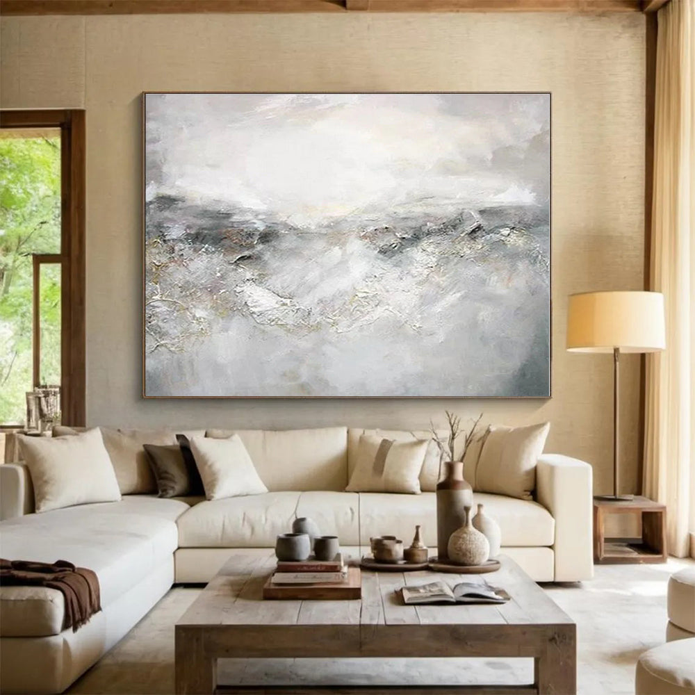 Huge Size Gray and White Abstract Misty Landscape Painting WB107