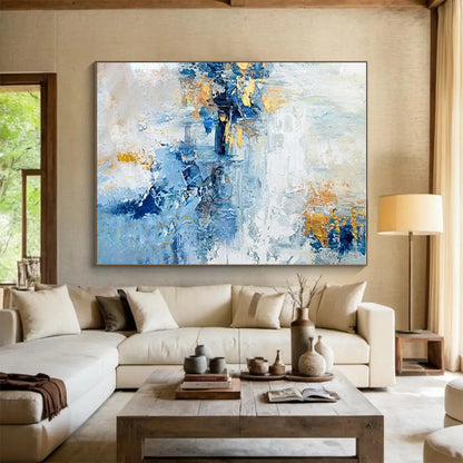 Handmade Art Cool Abstract Paintings with Blue, White, Gold Textured Layers - Acrylic Modern Art Painting HS538