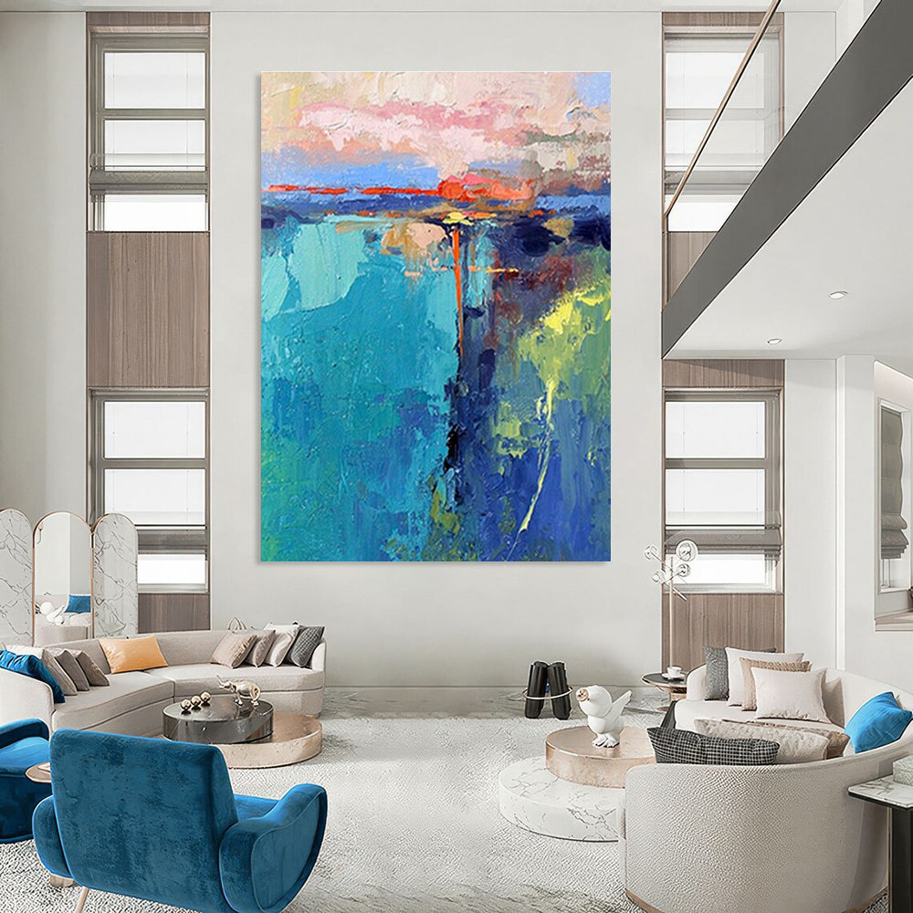 Turquoise, Pink, and Orange Abstract Coastal Painting For Sale Online WS483