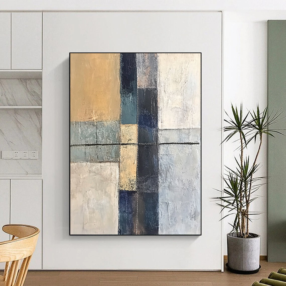 Handmade Art Beige, Gray, and Blue Abstract Geometric Painting For Sale HS153