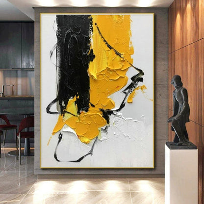 Hand-Painted Acrylic Modern Art Painting with Black, Yellow, White Textured Brushstrokes - Cool Abstract Paintings HS521