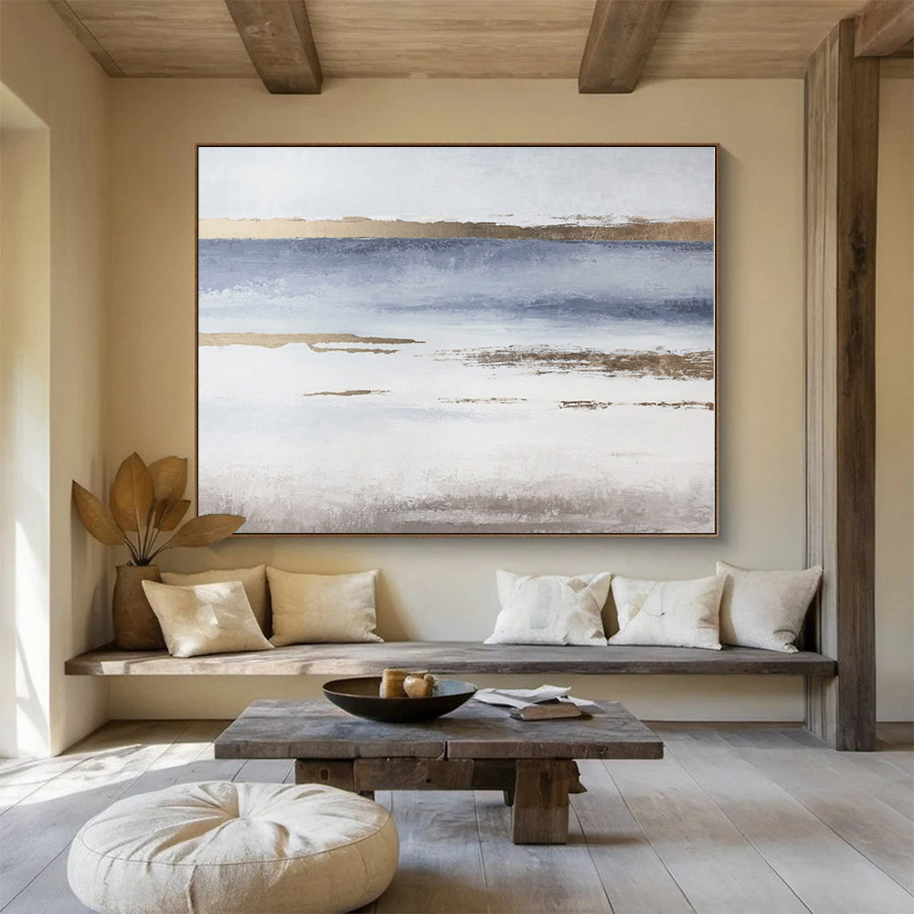 Oversized Canvas Art Blue, Gold and White Abstract Landscape Painting WB116