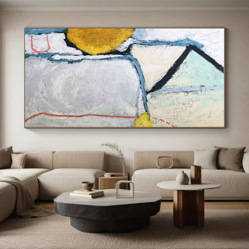 Handmade Art Gray, Yellow, and Blue Geometric Abstract Painting On Canvas HS826