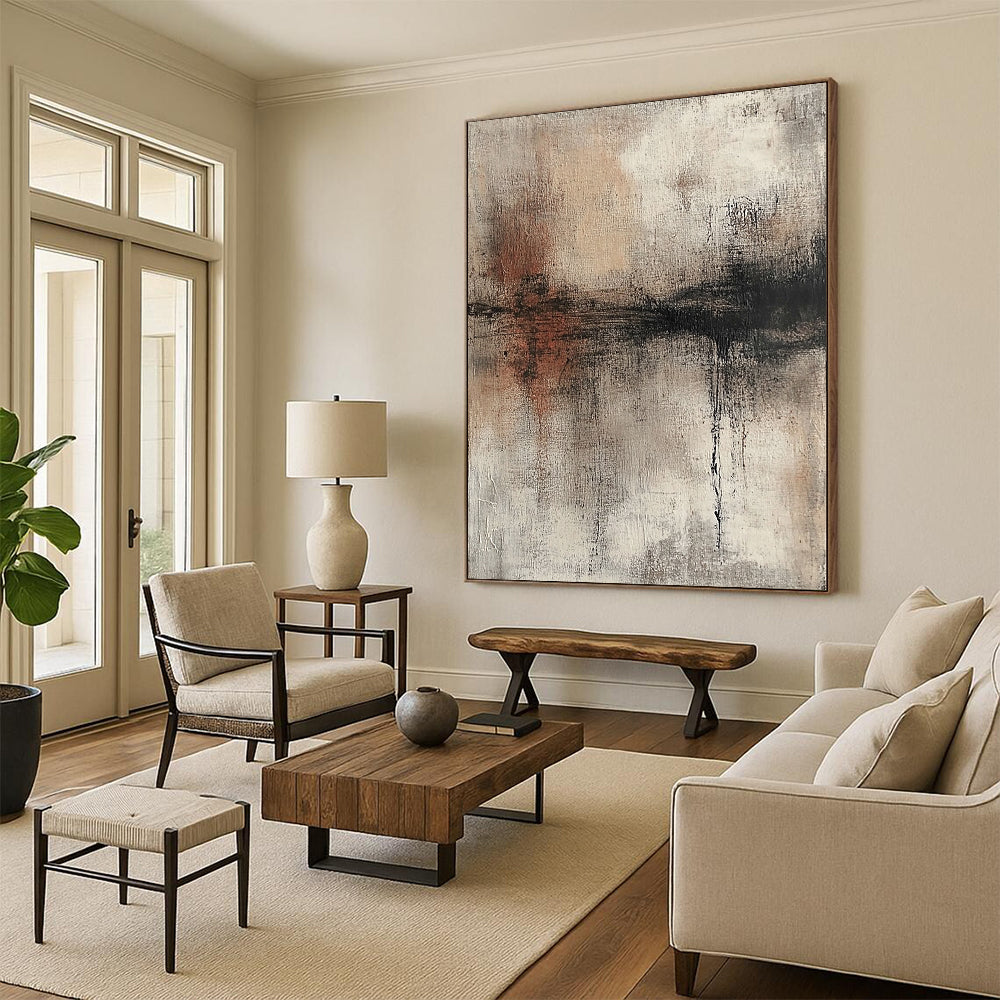 Hand-Painted Beige, Gray, and Black Abstract Textured Painting For Sale HS131