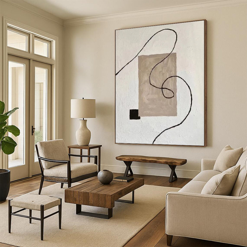Hand-Painted Beige, Black, and White Abstract Line and Shape Painting For Sale HS064