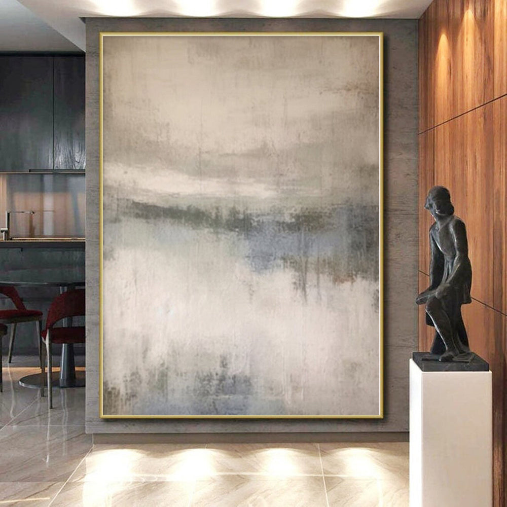 Large Painting In Living Room Gray and Blue Abstract Misty Landscape Painting For Sale HS107