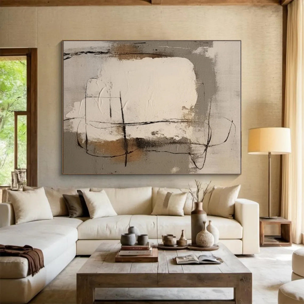 Modern Art Acrylic with Gray, Beige, Black and Brown Colors, Abstract Geometric Theme HS484