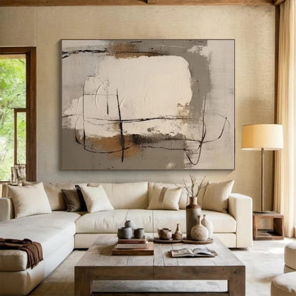 Modern Art Acrylic with Gray, Beige, Black and Brown Colors, Abstract Geometric Theme HS484