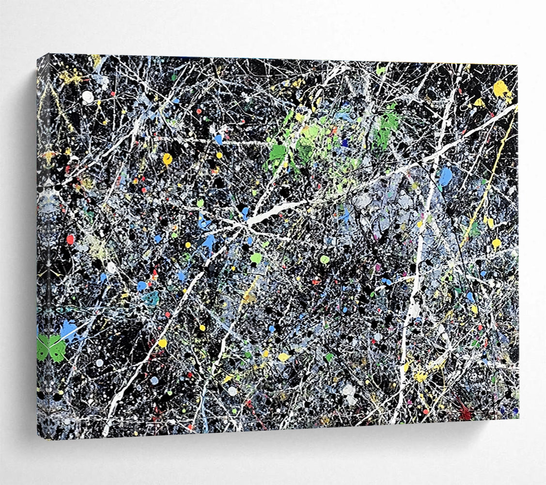 Contemporary Abstract Art with Multicolored Splatters and Black Background, Pollock - Style Abstract Theme WB311