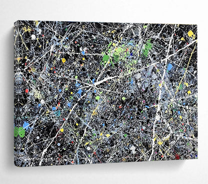 Contemporary Abstract Art with Multicolored Splatters and Black Background, Pollock - Style Abstract Theme WB311
