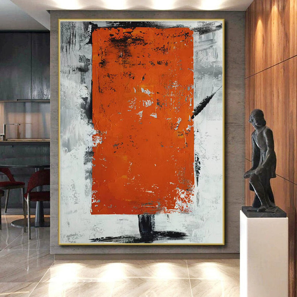Hand Painted Art Orange & Gray Textured Abstract Geometric Block Art HS403