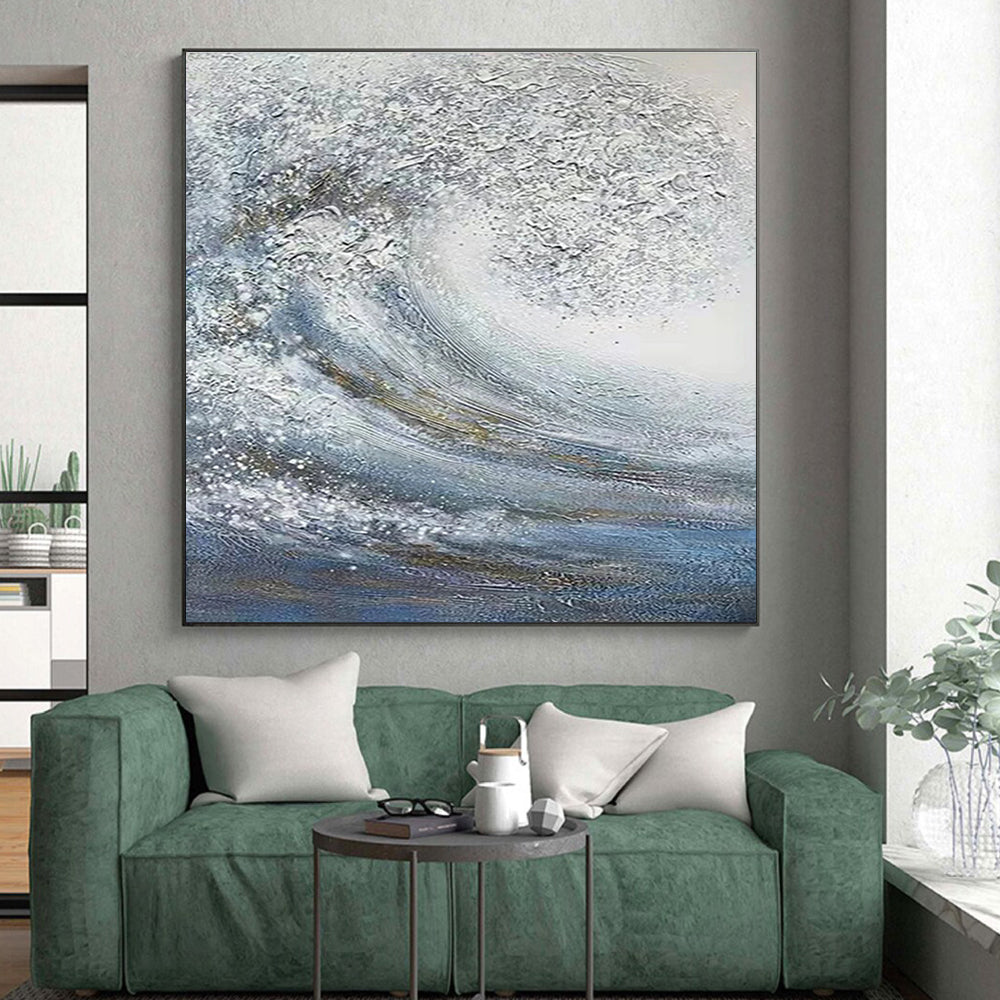 Hand Painted Art Blue & White Textured Wave Abstract, Acrylic Modern Art Painting HS258