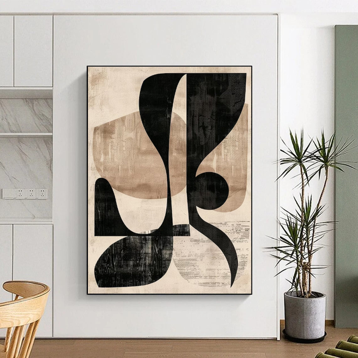 Unique Abstract Art Black & Beige Geometric Abstract, Large Contemporary Wall Art HS433