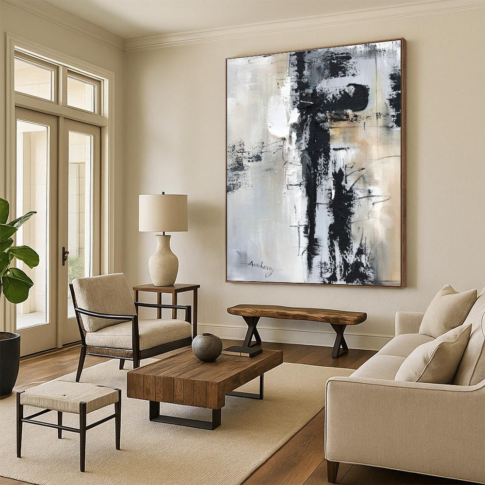 Large Contemporary Wall Art with Black, White, Gray and Beige Colors, Abstract Textured Theme HS469