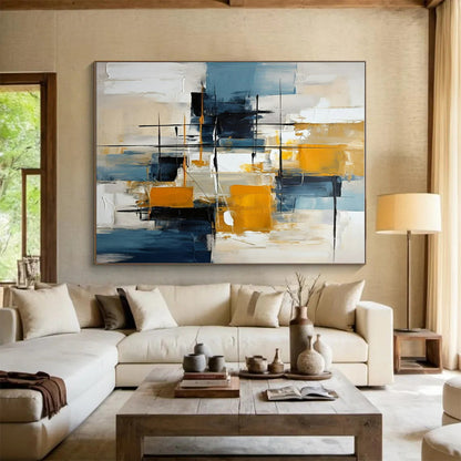 Acrylic Modern Art Paintings Blue, Yellow, and Black Geometric Abstract Painting On Canvas HS782