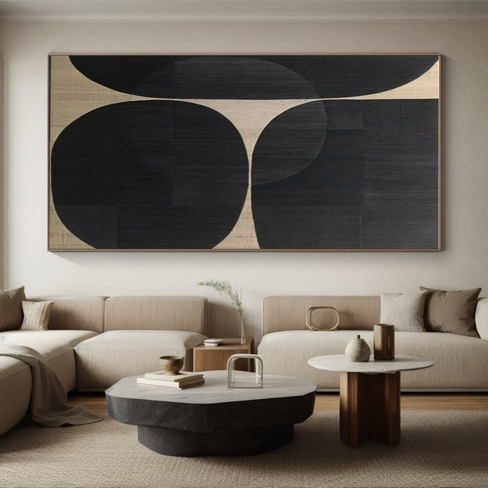 Huge Size Handmade Art with Black, Beige Geometric Shapes - Large Contemporary Wall Art HS515