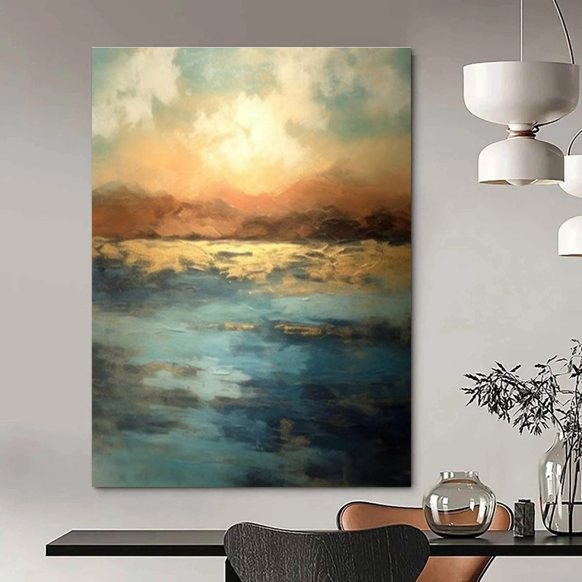 Blue, Gold, and Orange Abstract Seaside Sunset Painting For Sale Online WS491