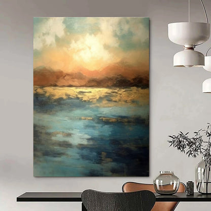 Blue, Gold, and Orange Abstract Seaside Sunset Painting For Sale Online WS491