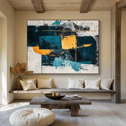 Hand Painted Art with Teal, Yellow, Black and White Colors, Geometric Abstract Theme WB326