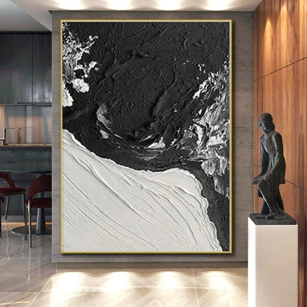 Hand-Painted Black and White Textured Abstract Contrast Painting For Sale HS019