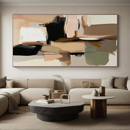 Hand-Painted Multicolor Beige Abstract Geometric Shape Painting For Sale HS055