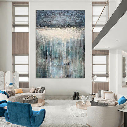 Blue, Gray, and White Dripping Abstract Landscape Painting For Sale Online WS470