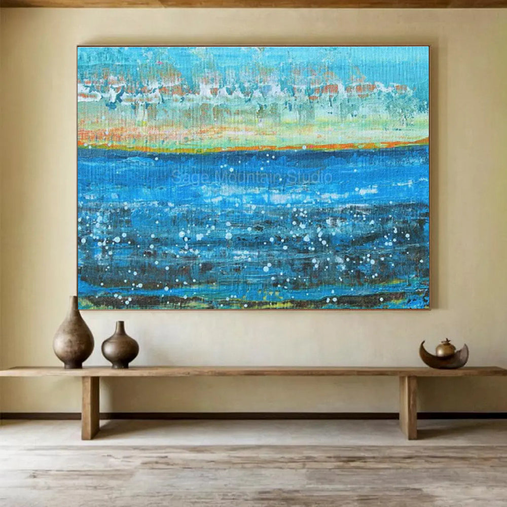 Blue, Orange, White Abstract Seascape Art For Sale WB411